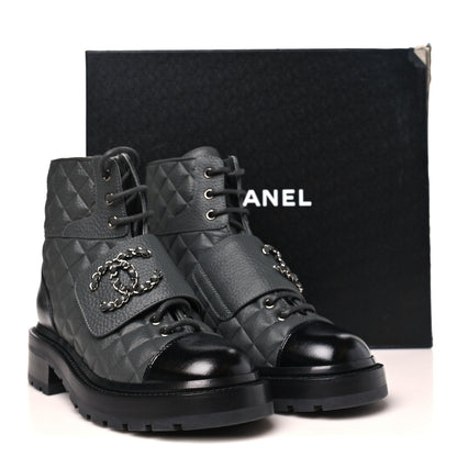 Chanel Calfskin Shiny Calfskin Quilted Lace Up Combat Boots 36 Dark Grey Black 11 of 11