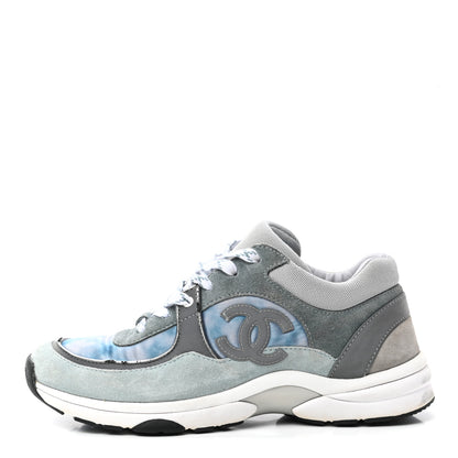 Chanel Nylon Lambskin Suede Calfskin CC Sneakers 39 Blue Grey White 1 of 13