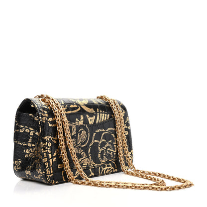 Chanel Calfskin Crocodile Embossed Graffiti 2.55 Mini Cocodile Reissue Flap Black Gold 3 of 10