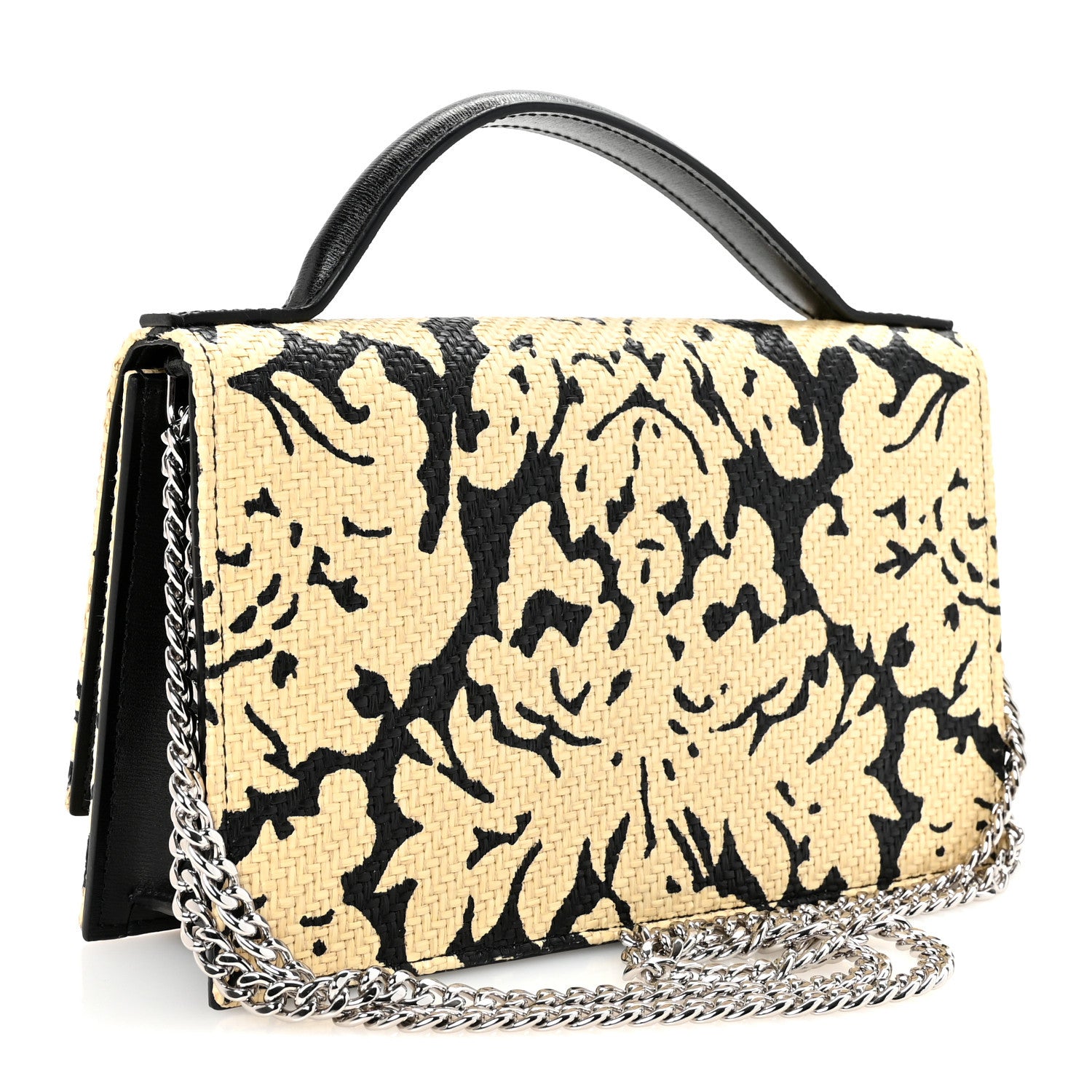 Alexander McQueen Woven Raffia Damask Print Medium Skull Top Handle Bag Beige Black 2 of 9