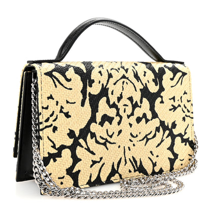 Alexander McQueen Woven Raffia Damask Print Medium Skull Top Handle Bag Beige Black 2 of 9