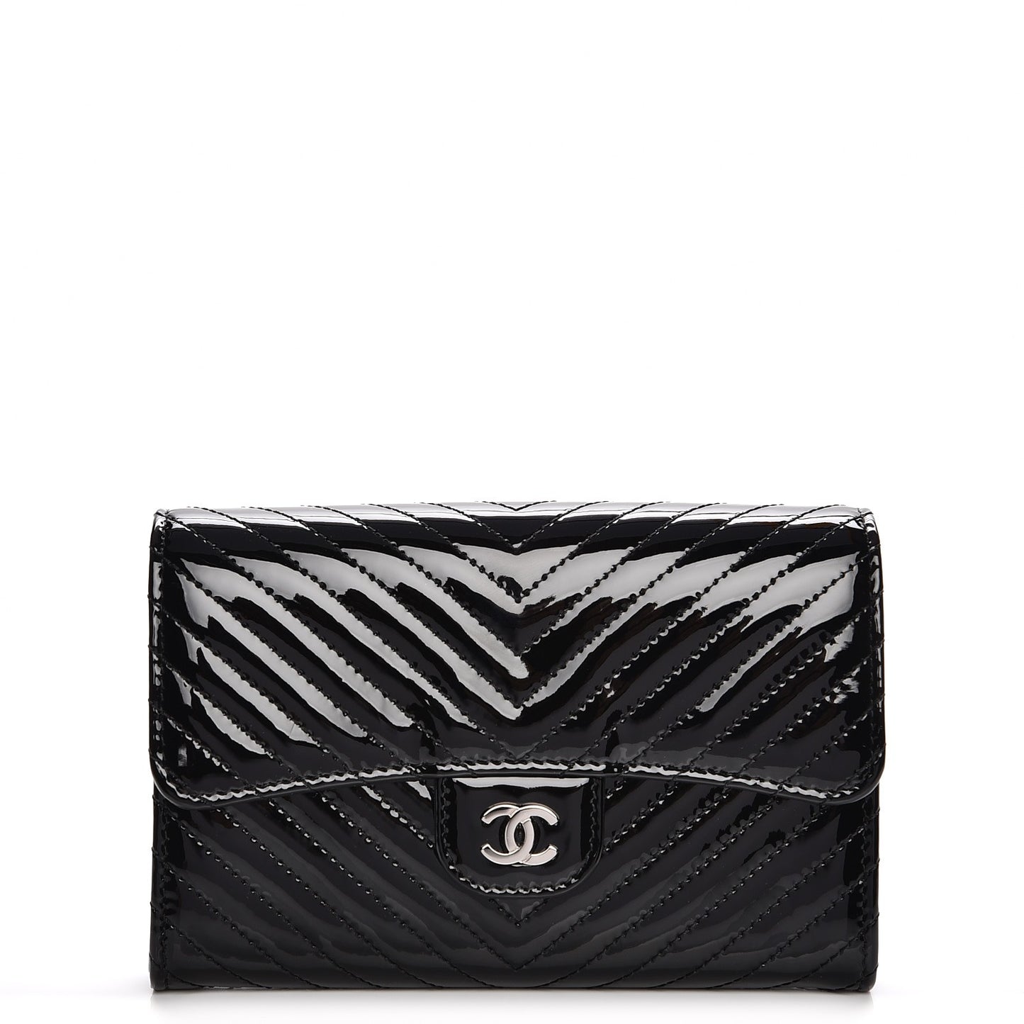 Patent Chevron Quilted Small Flap Wallet Black