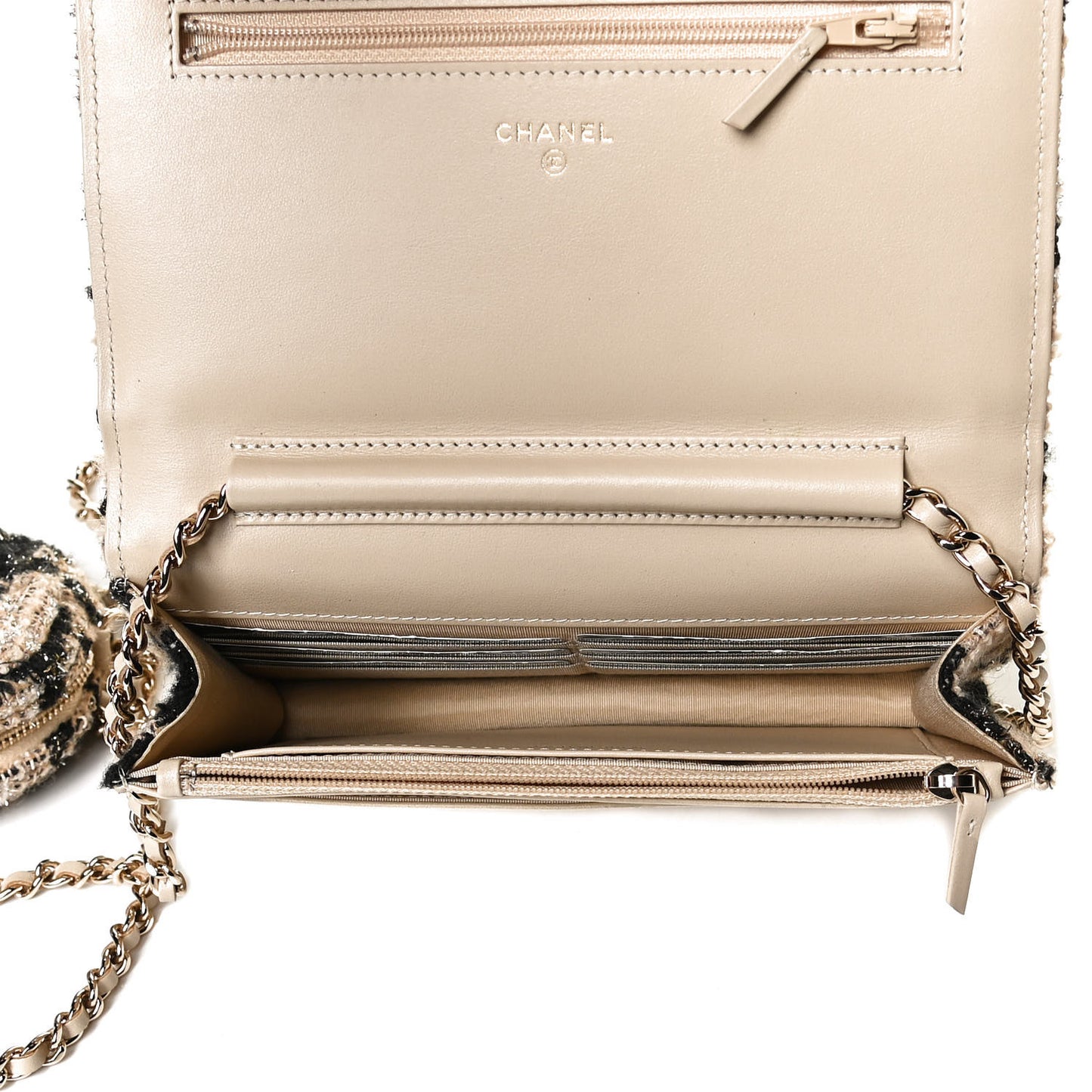 Tweed Shearling Quilted Chanel Wallet On Chain WOC and Coin Purse Beige Black