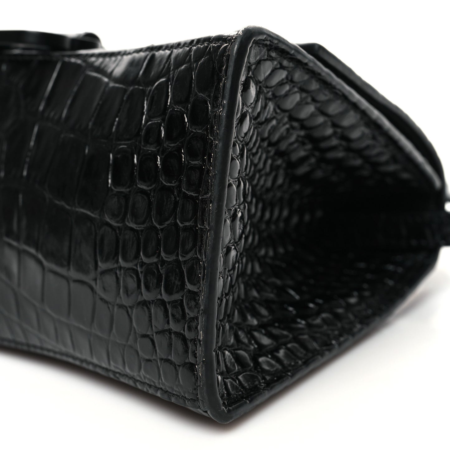 Shiny Calfskin Monochrome Crocodile Embossed Small Hourglass Top Handle Bag Black