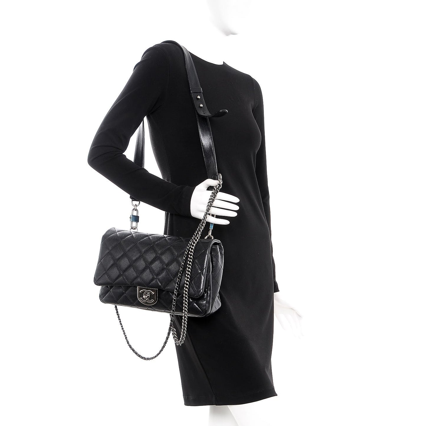 Shiny Goatskin Quilted Large Double Carry Waist Chain Flap Black