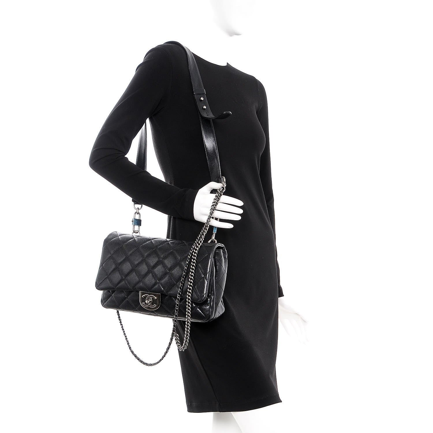 Chanel Shiny Goatskin Quilted Large Double Carry Waist Chain Flap Black 2 of 10