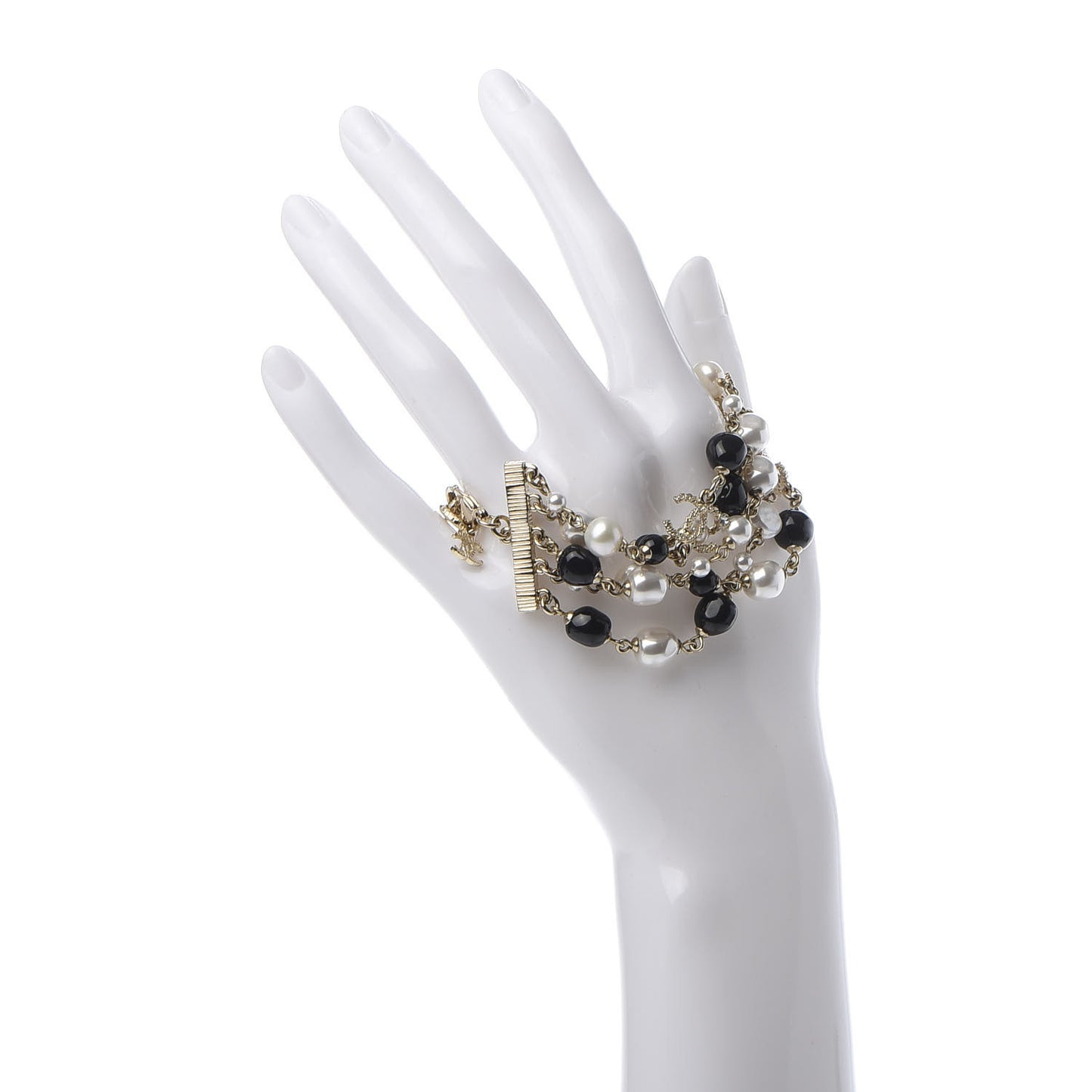 Pearl Bead Crystal CC Multi Strand Byzantine Chain Bracelet Black Gold