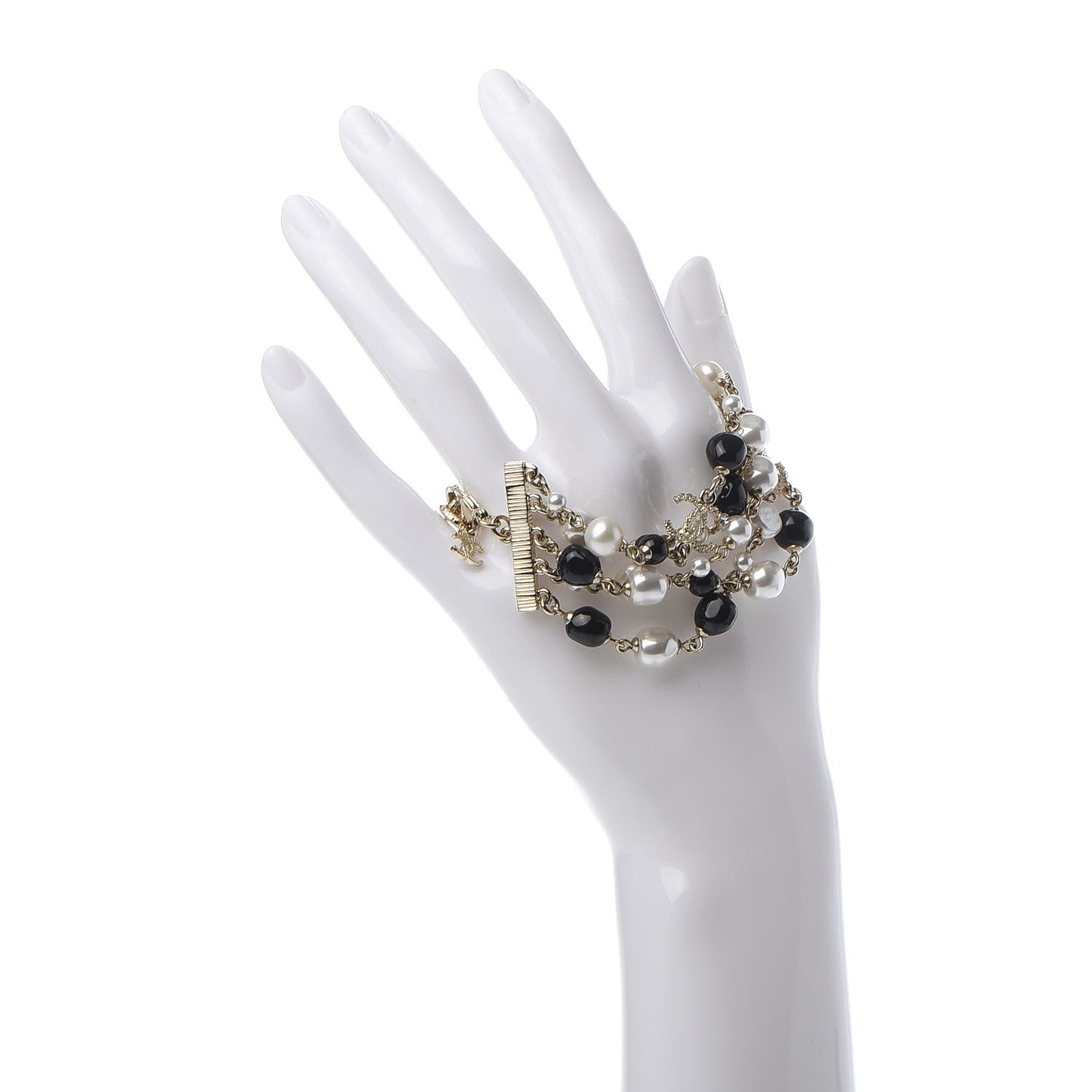 Chanel Pearl Bead Crystal CC Multi Strand Byzantine Chain Bracelet Black Gold 2 of 6