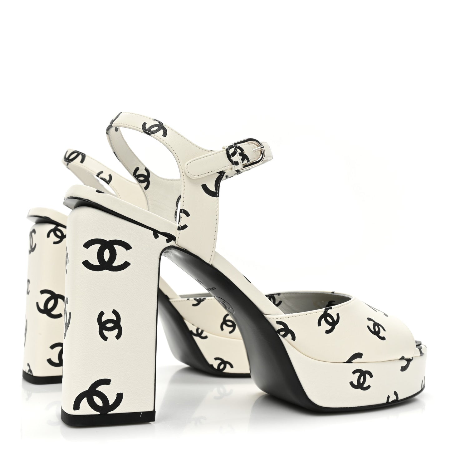 Printed Lambskin CC Platform Sandals 41 White Black