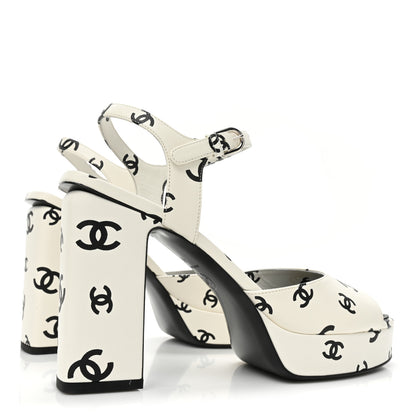 Chanel Printed Lambskin CC Platform Sandals 41 White Black 5 of 11