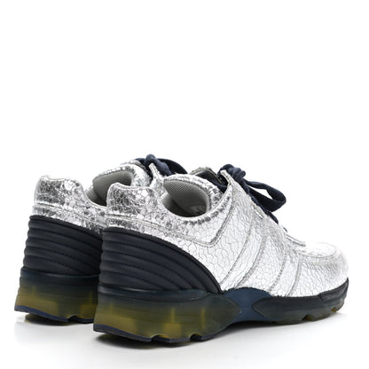 Chanel Metallic Crackled Calfskin CC Sneakers 37 Silver Black Navy 4 of 8