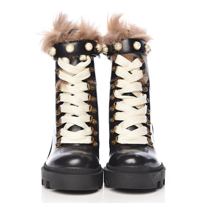 Gucci Magnum Calfskin Fur Pearl Lace Up Combat Ankle Boots 37.5 Black Naturale 2 of 8