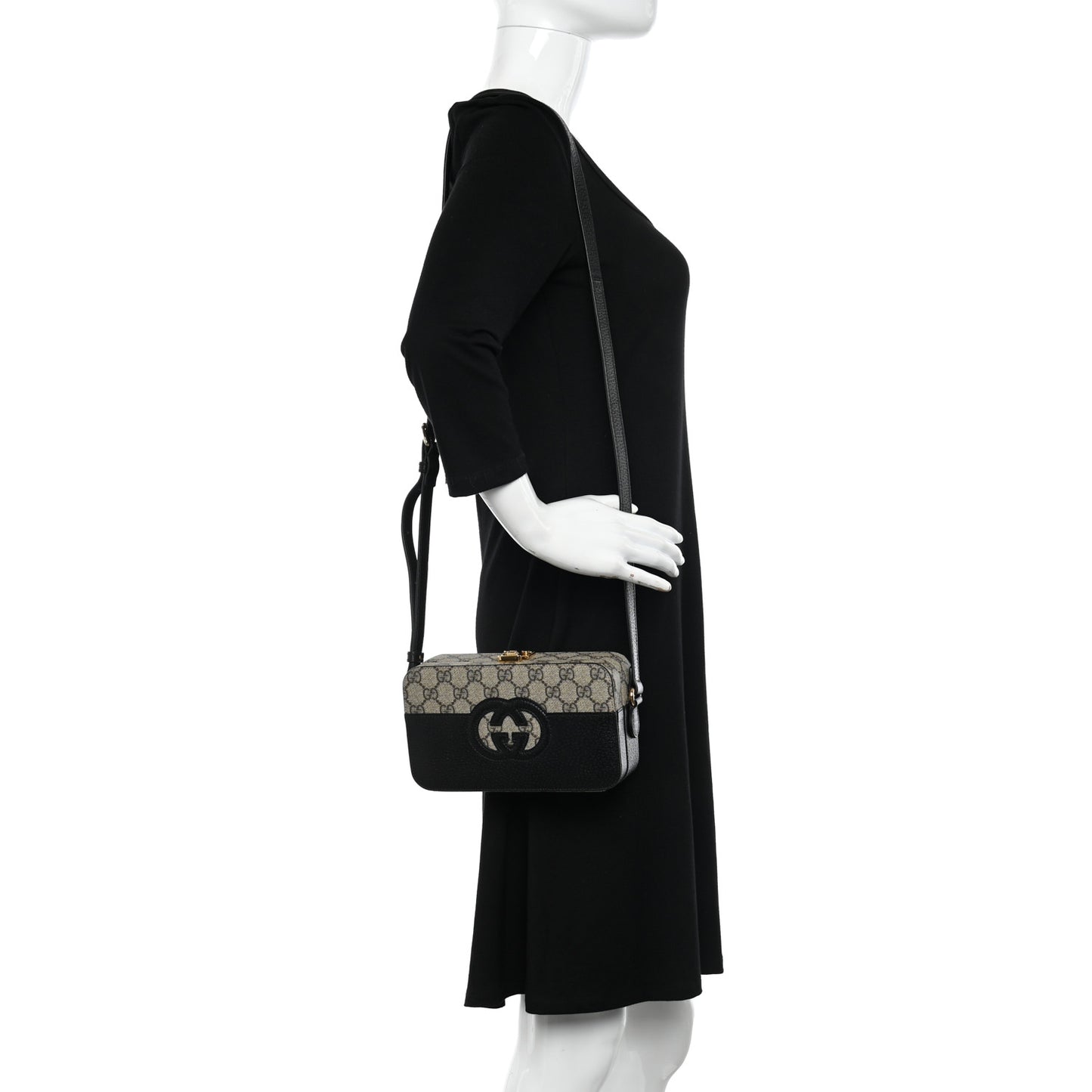 GG Supreme Monogram Textured Dollar Calfskin Mini New Basket Shoulder Bag Beige Ebony Black
