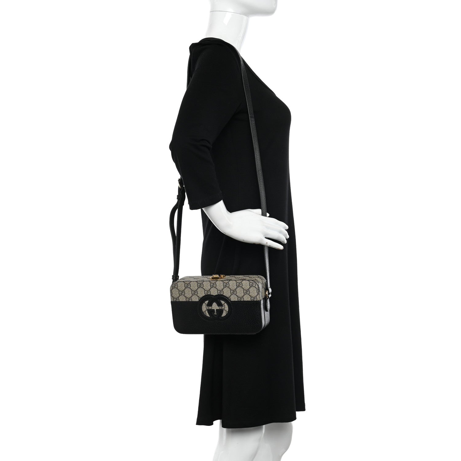 Gucci GG Supreme Monogram Textured Dollar Calfskin Mini New Basket Shoulder Bag Beige Ebony Black 2 of 11