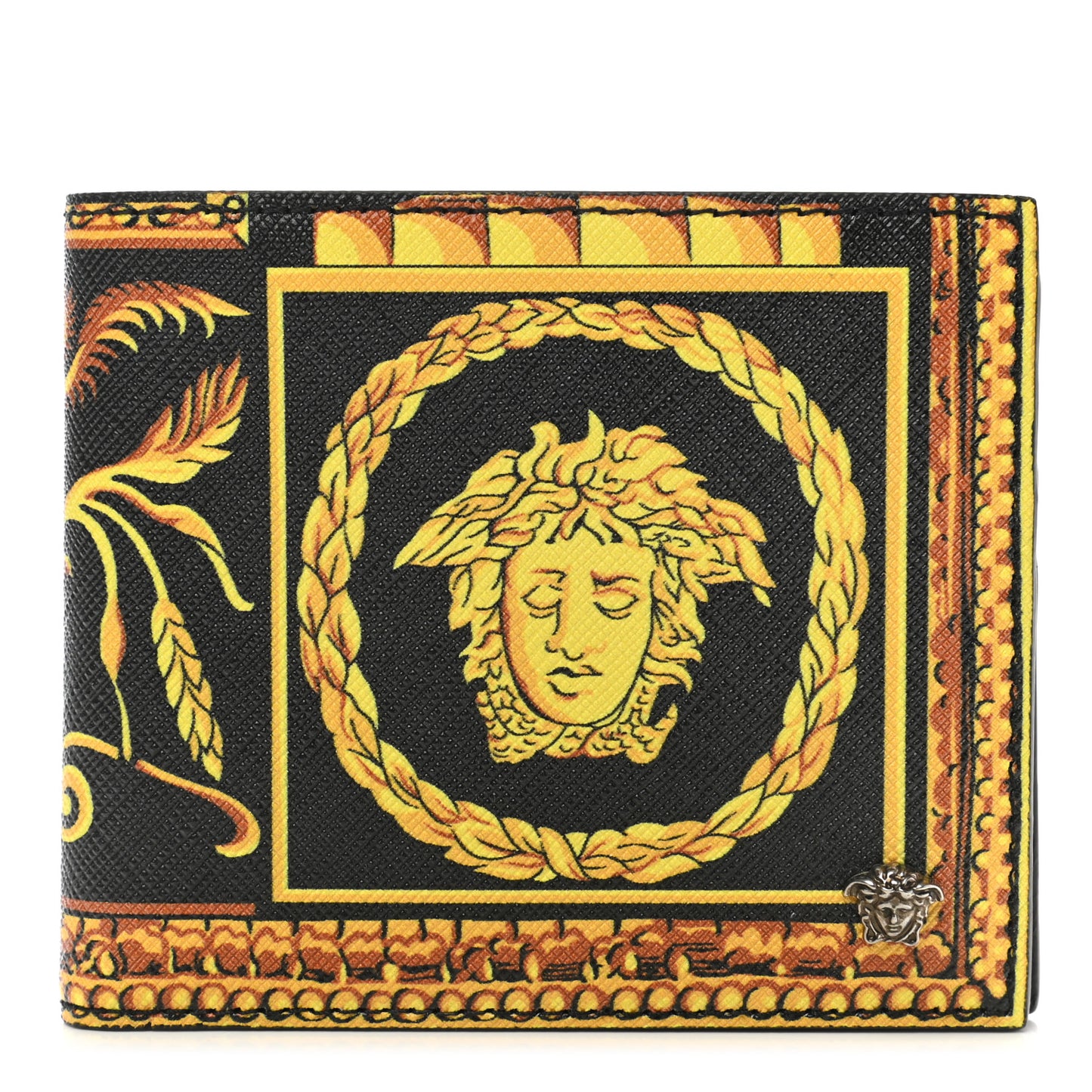 Calfskin PVC Barocco Printed Bi-Fold Wallet Black Gold