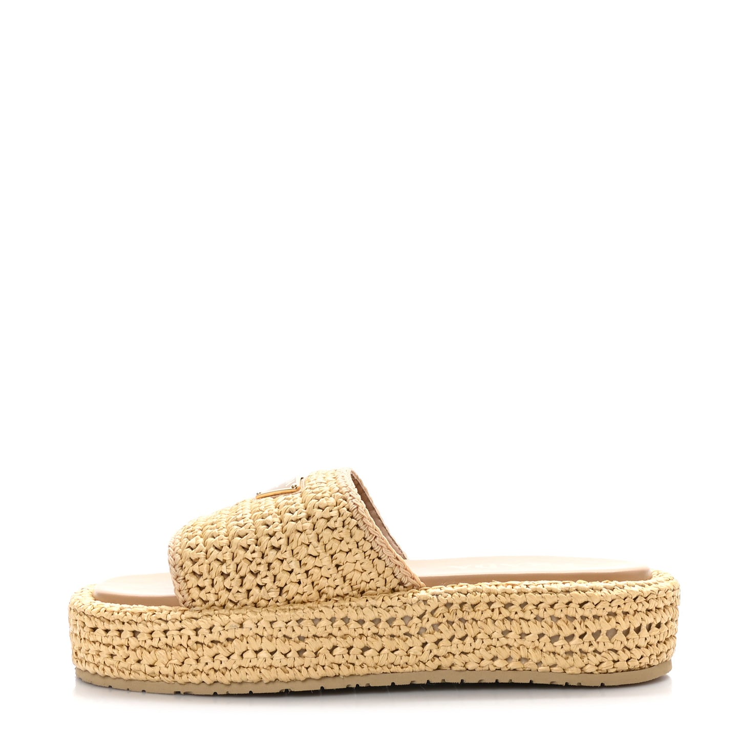 Raffia Metal Triangle Logo Woven Flatform 35mm Slide Sandals 40 Naturale