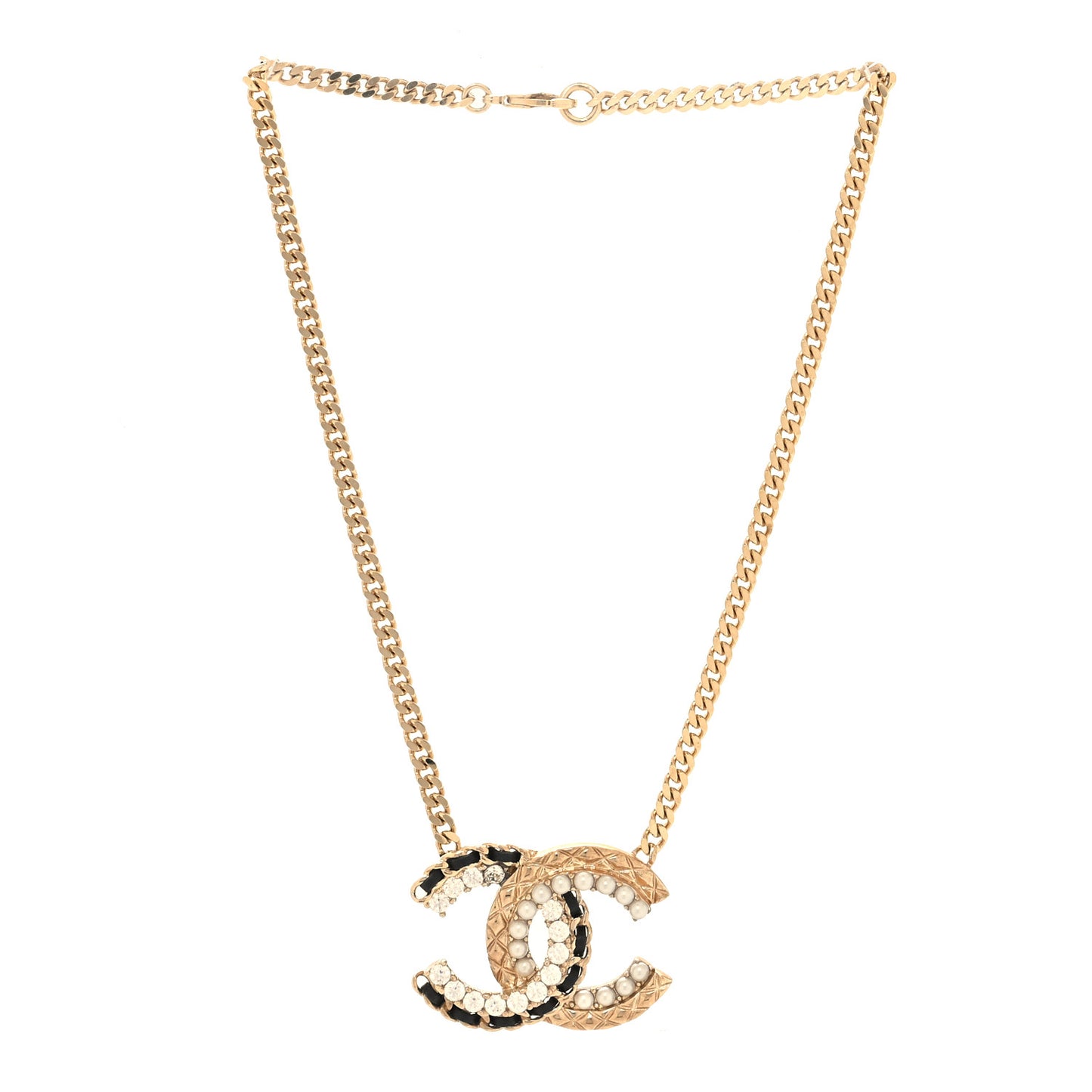 Metal Pearl Crystal Lambskin CC Chain Necklace Gold Black White