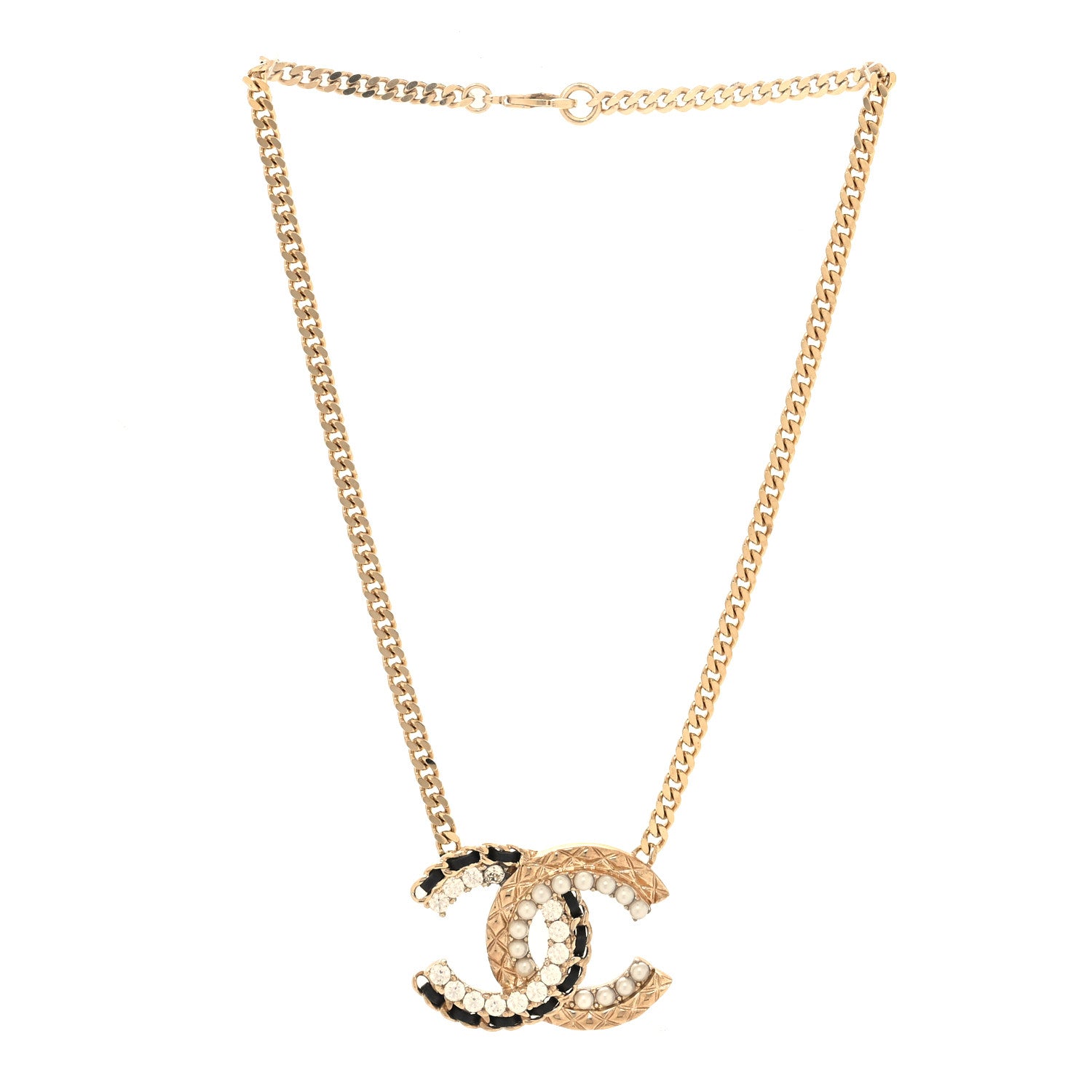 Chanel Metal Pearl Crystal Lambskin CC Chain Necklace Gold Black White 3 of 5
