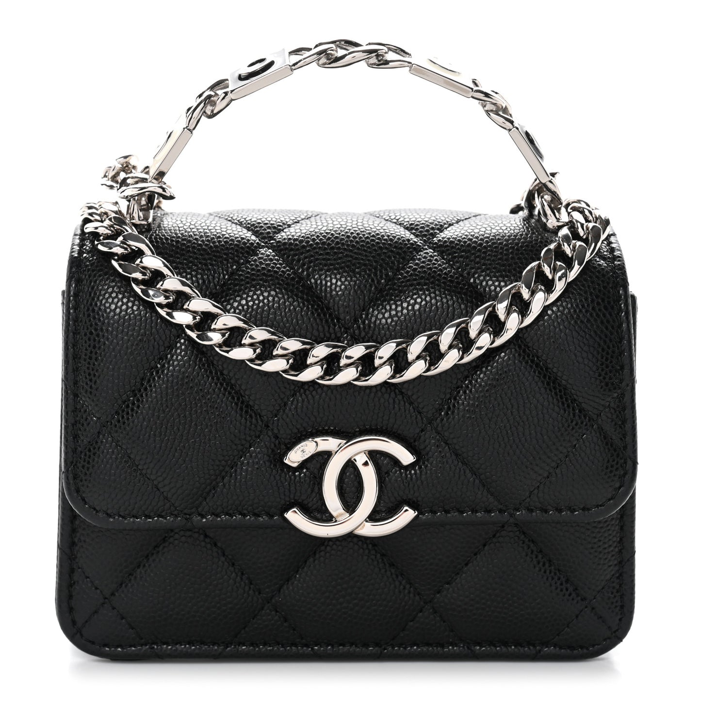Caviar Quilted Enamel Top Handle Flap Clutch With Chain Black
