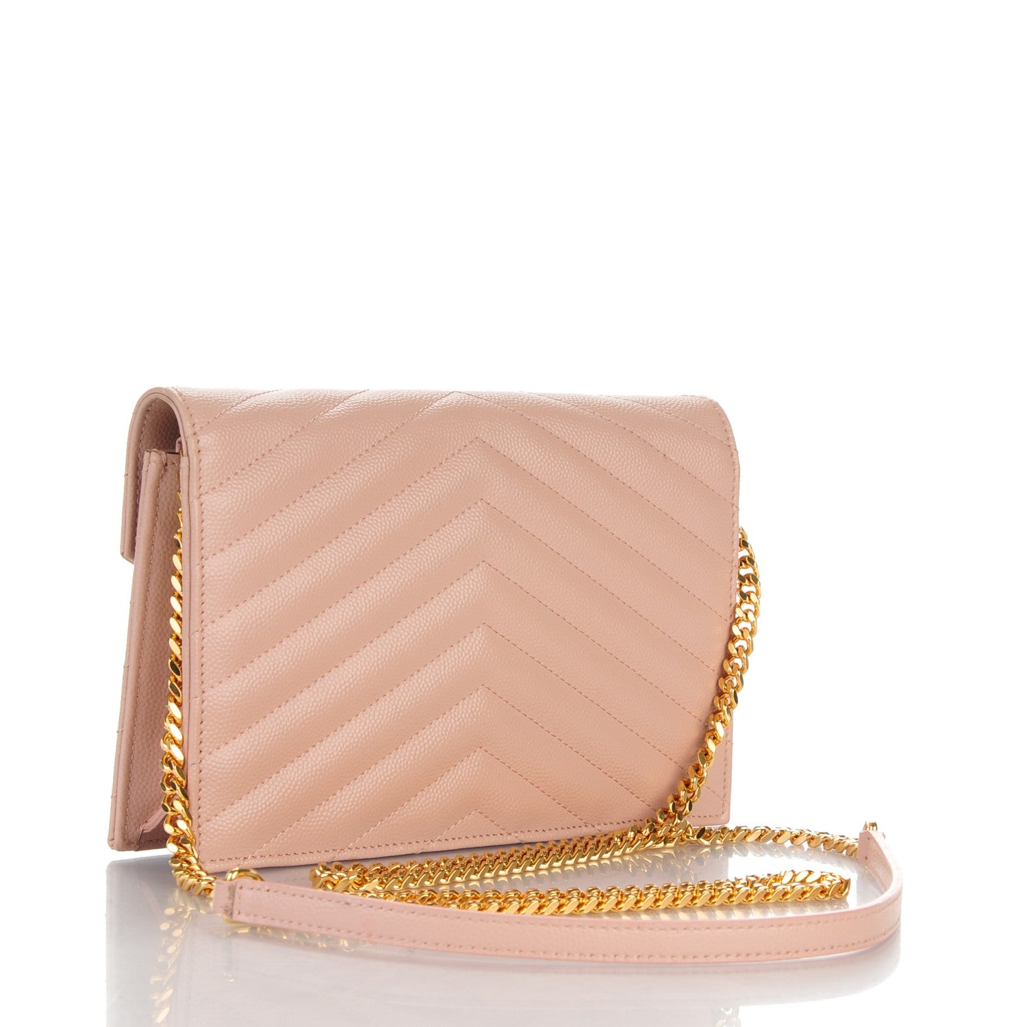 Saint Laurent Grain De Poudre Matelasse Chevron Monogram Envelope Chain Wallet Pale Pink 3 of 8