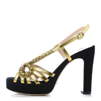 Gucci Velvet Nappa Crystal Zephyra Slingback Platform High Heel Sandals 36 Black Gold 1 of 9