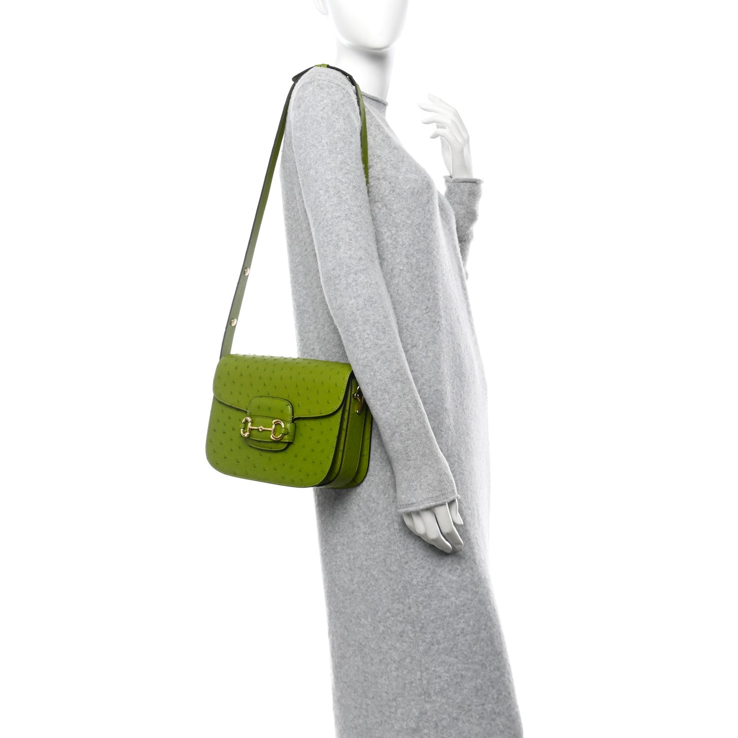 Ostrich Medium Horsebit 1955 Shoulder Bag Lemon Grass