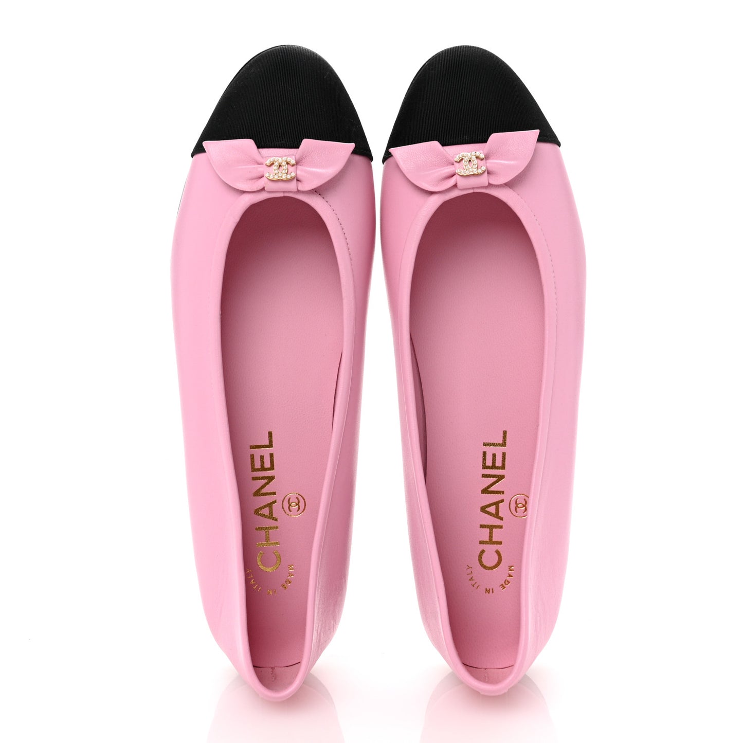 Lambskin Grosgrain Cap Toe Pearl CC Ballerina Flats 37.5 Pink Black