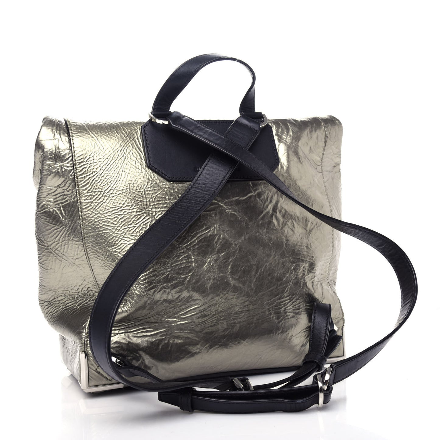Metallic Crinkled Patent Calfskin Embossed Prisma Fold-Over Backpack Green Nickel Hardware