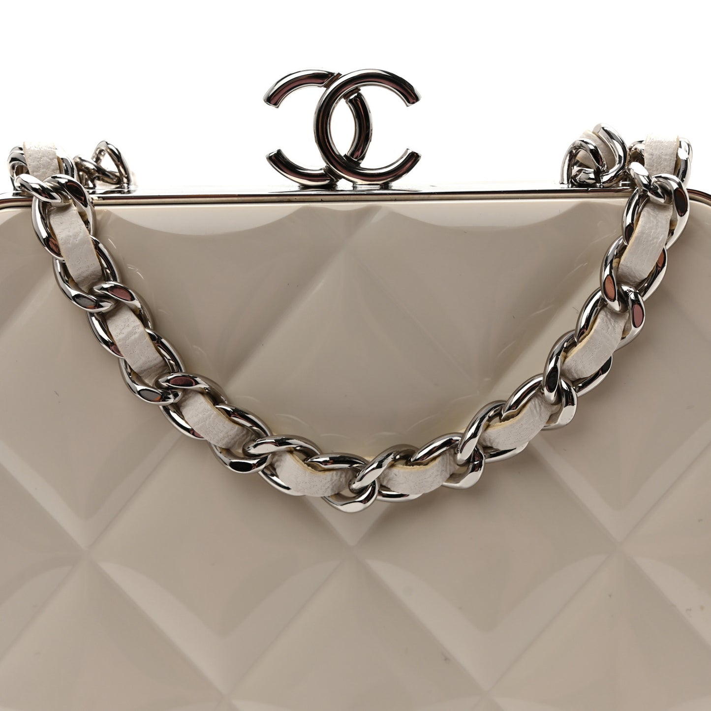 Lambskin Plexi Quilted CC Evening Clutch With Chain White