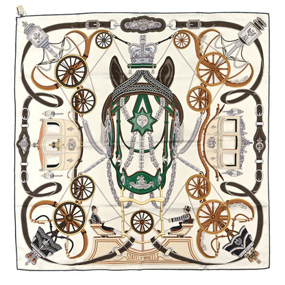 Hermes Silk Stately Wheels Scarf 90 White Vert Etoupe 1 of 3