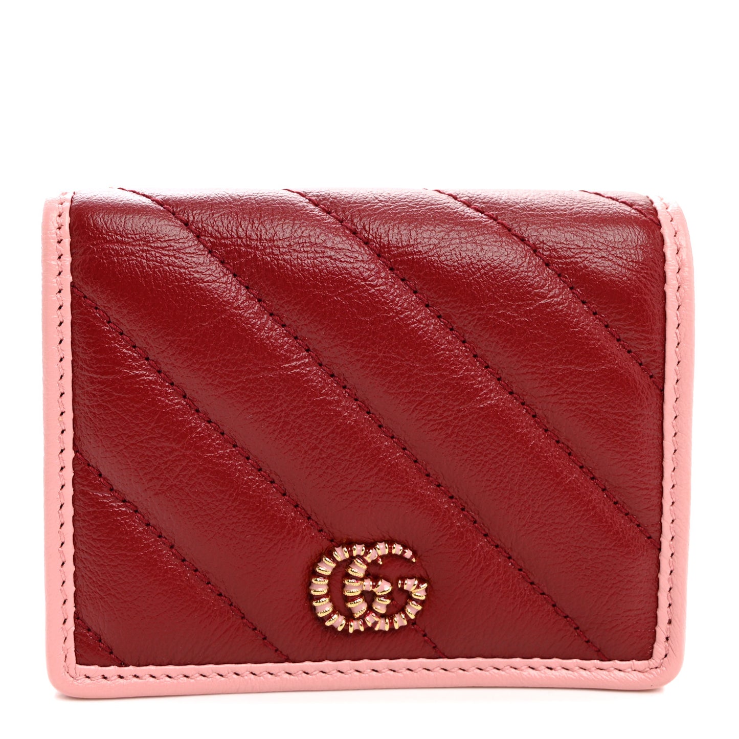 Azalea Calfskin Enamel Matelasse Diagonal Torchon GG Marmont Card Case New Cherry Red Wild Rose