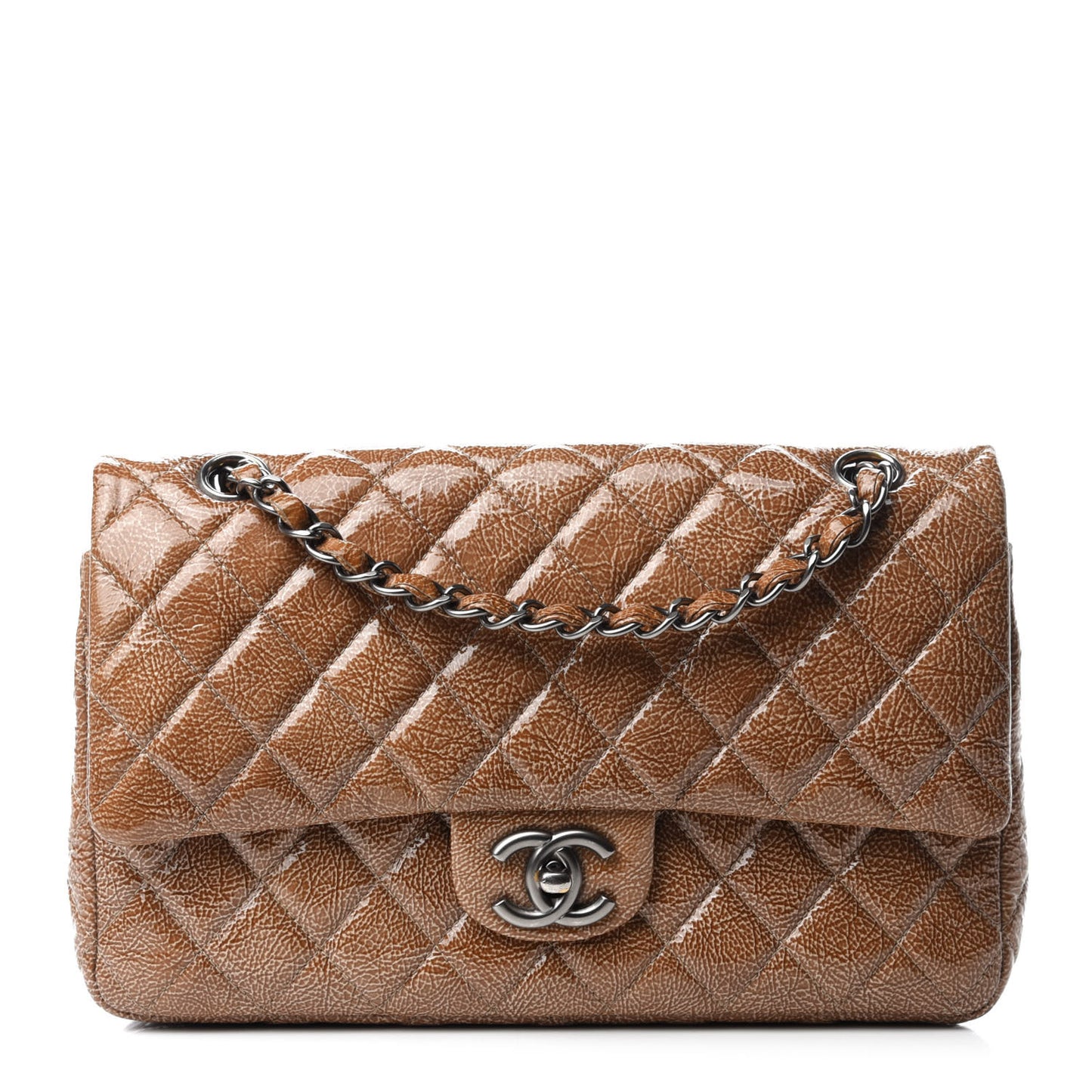 Crinkled Patent Quilted Medium Double Flap Brown