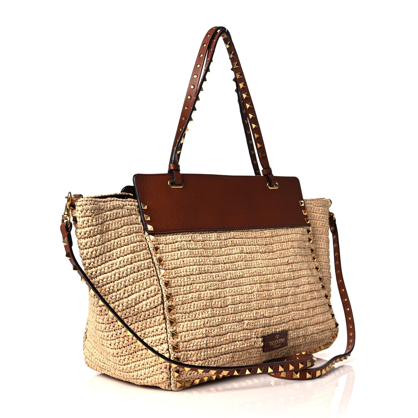 Raffia Calfskin Rockstud Tote Naturale Saddle Brown