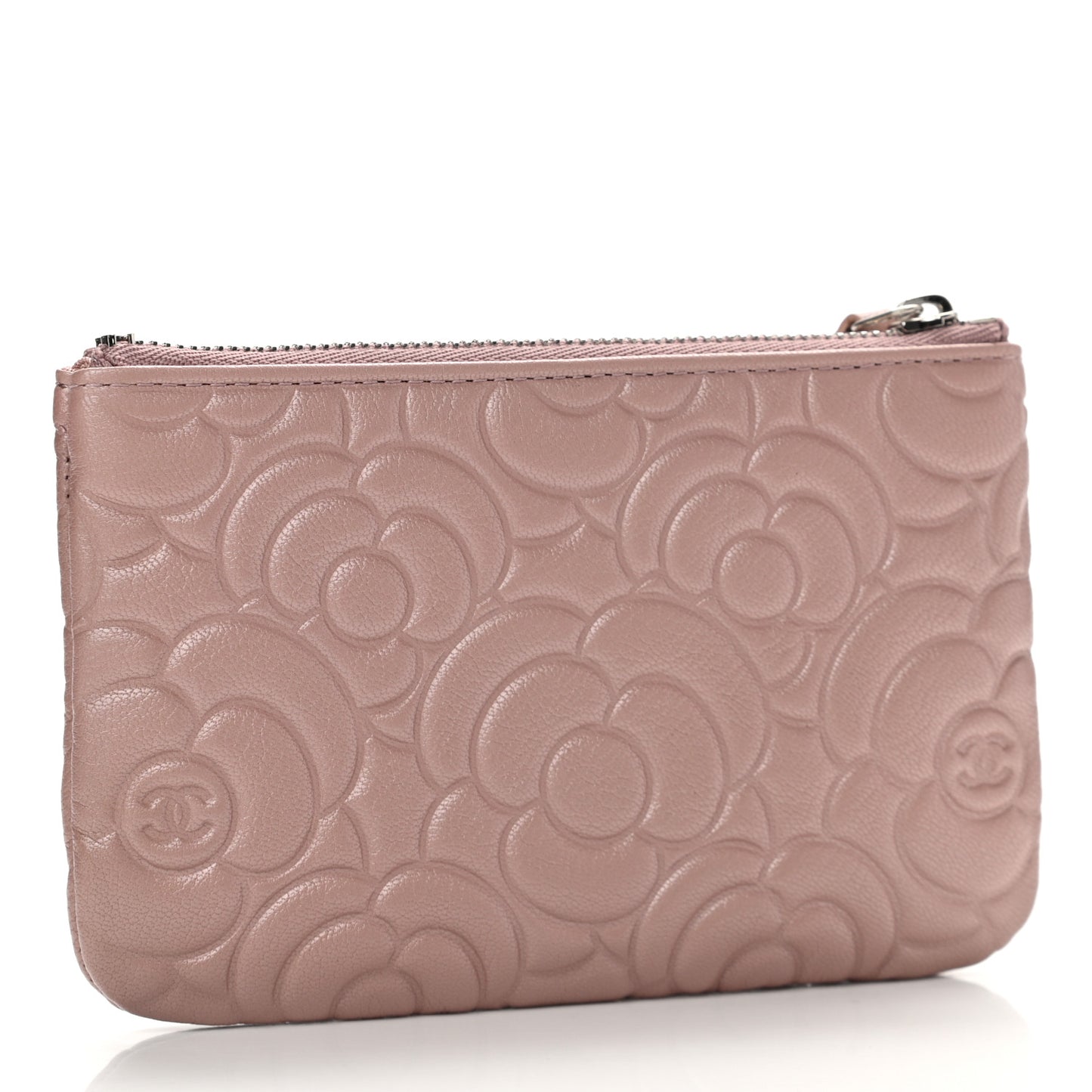 Goatskin Camellia Embossed Cosmetic Pouch Light Pink