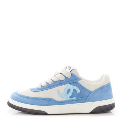 Chanel Suede Kidskin Womens CC Sneakers 37.5 White Blue 1 of 10