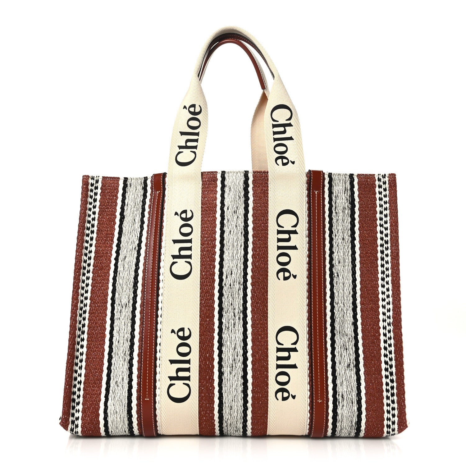 Chloe Woven Linen Large Woody Striped Ribbon Tote Sepia Brown 1 of 8