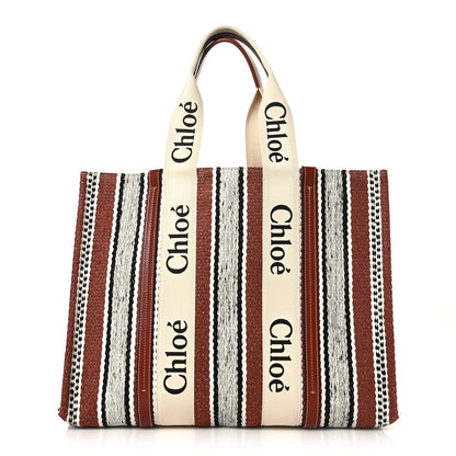 Chloe Woven Linen Large Woody Striped Ribbon Tote Sepia Brown 1 of 8