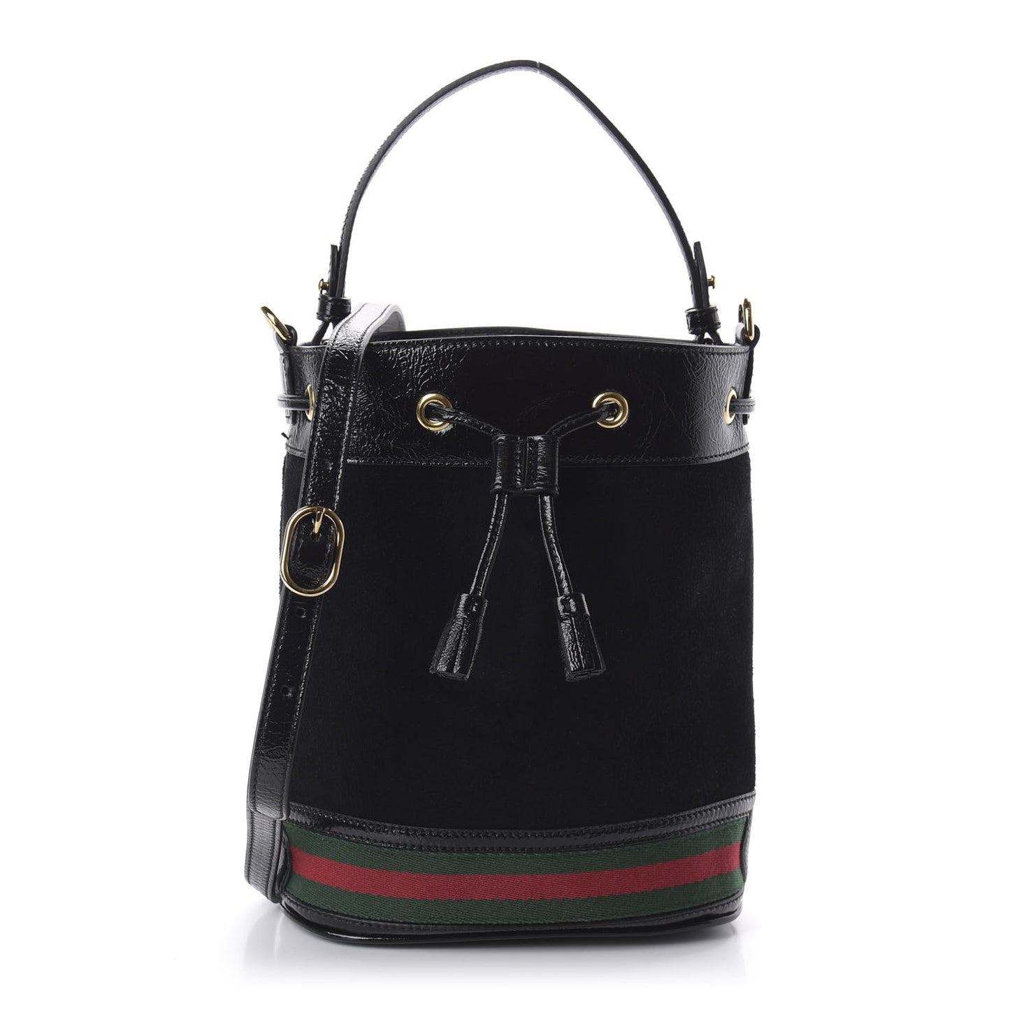 Suede Patent Web Small Ophidia Bucket Bag Black