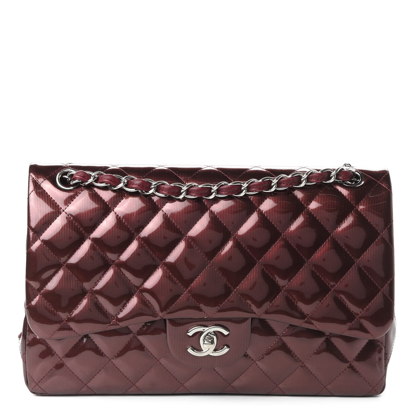 Striated Patent Quilted Jumbo Double Flap Burgundy