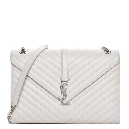 Saint Laurent Grain De Poudre Matelasse Chevron Large Monogram Satchel Light Grey 1 of 10