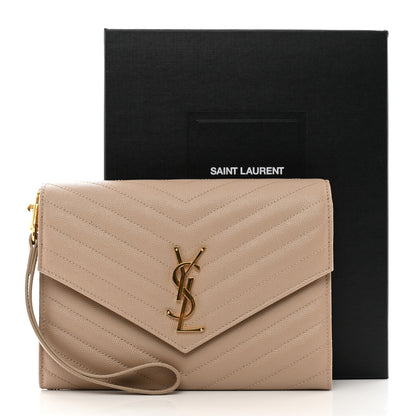 Saint Laurent Grain De Poudre Matelasse Chevron Monogram Envelope Clutch Dark Beige 8 of 8