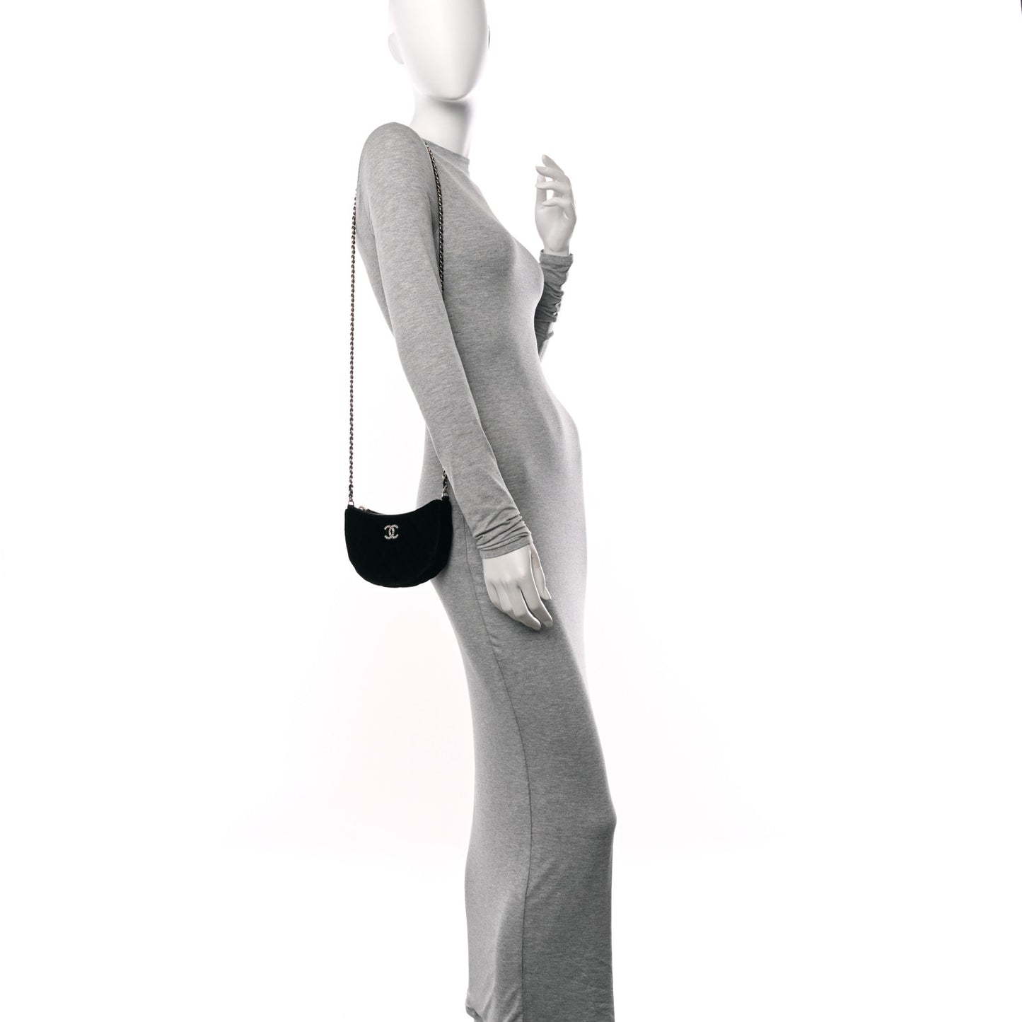 Velvet Crystal Quilted Chain Hobo Black