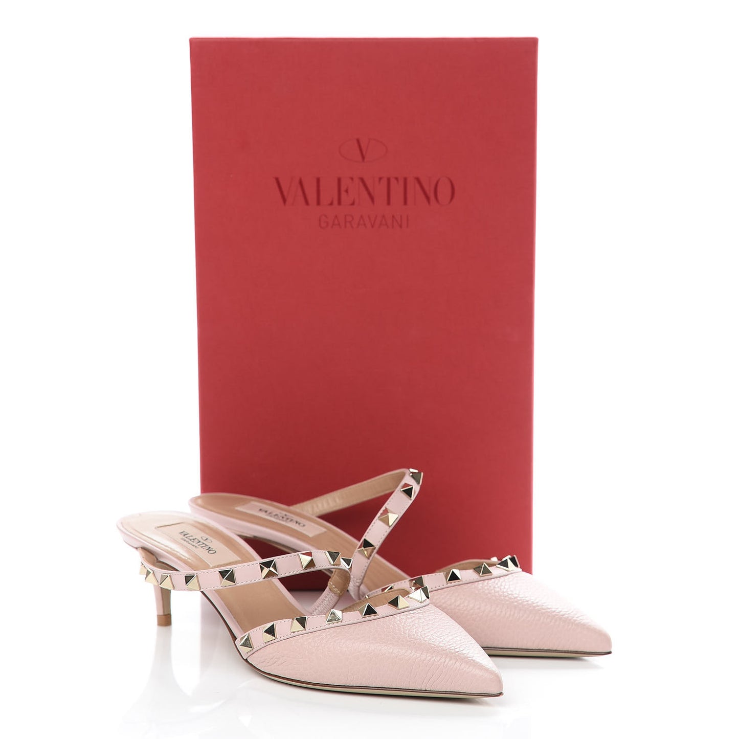 Pebbled Calfskin Rockstud Cross Strap 50mm Mules 37.5 Water Rose