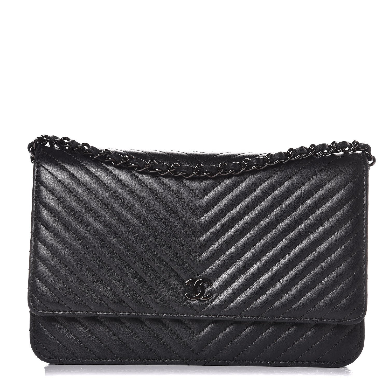 Chanel Lambskin Chevron Quilted Wallet On Chain WOC So Black 1 of 10