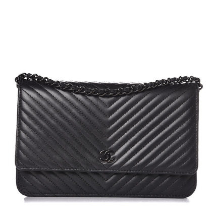 Chanel Lambskin Chevron Quilted Wallet On Chain WOC So Black 1 of 10