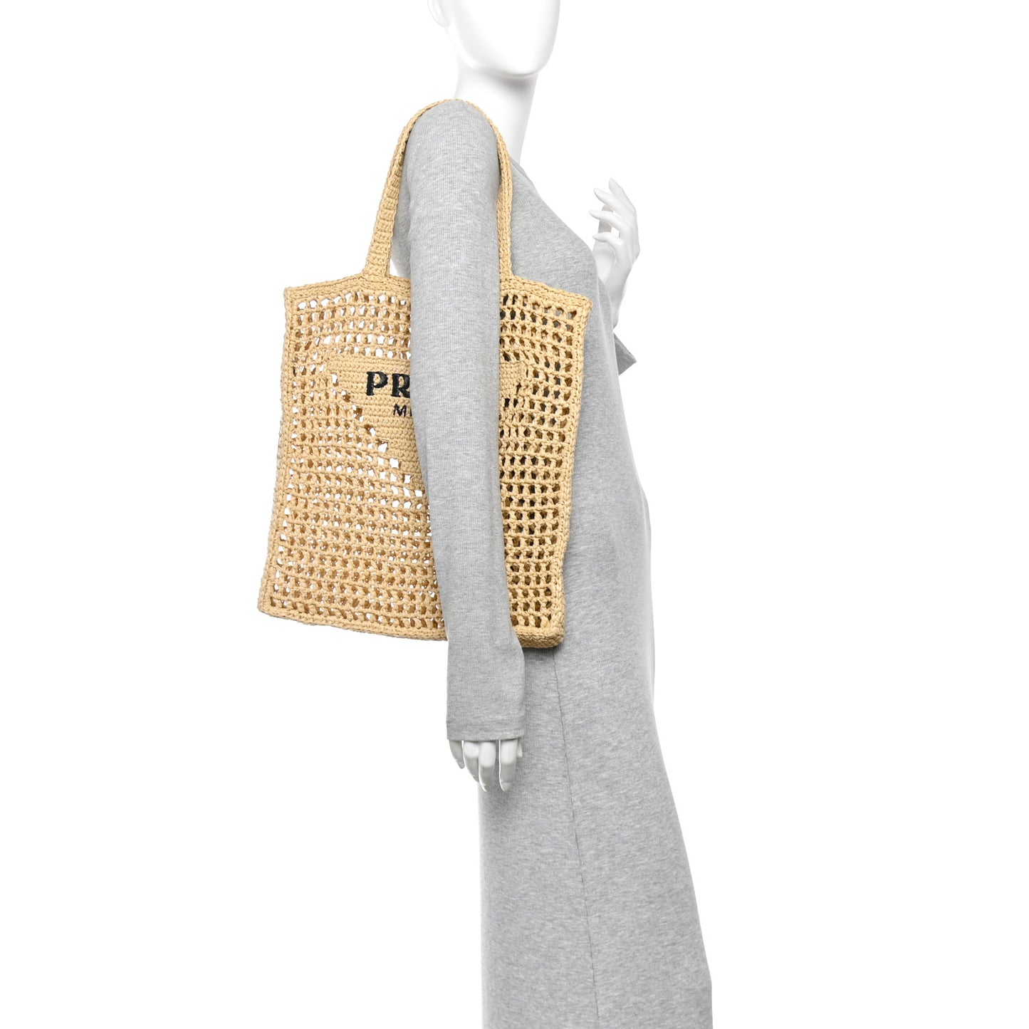 Yarn Raffia Effect Crochet Logo Embroidered Tote Bag Naturale