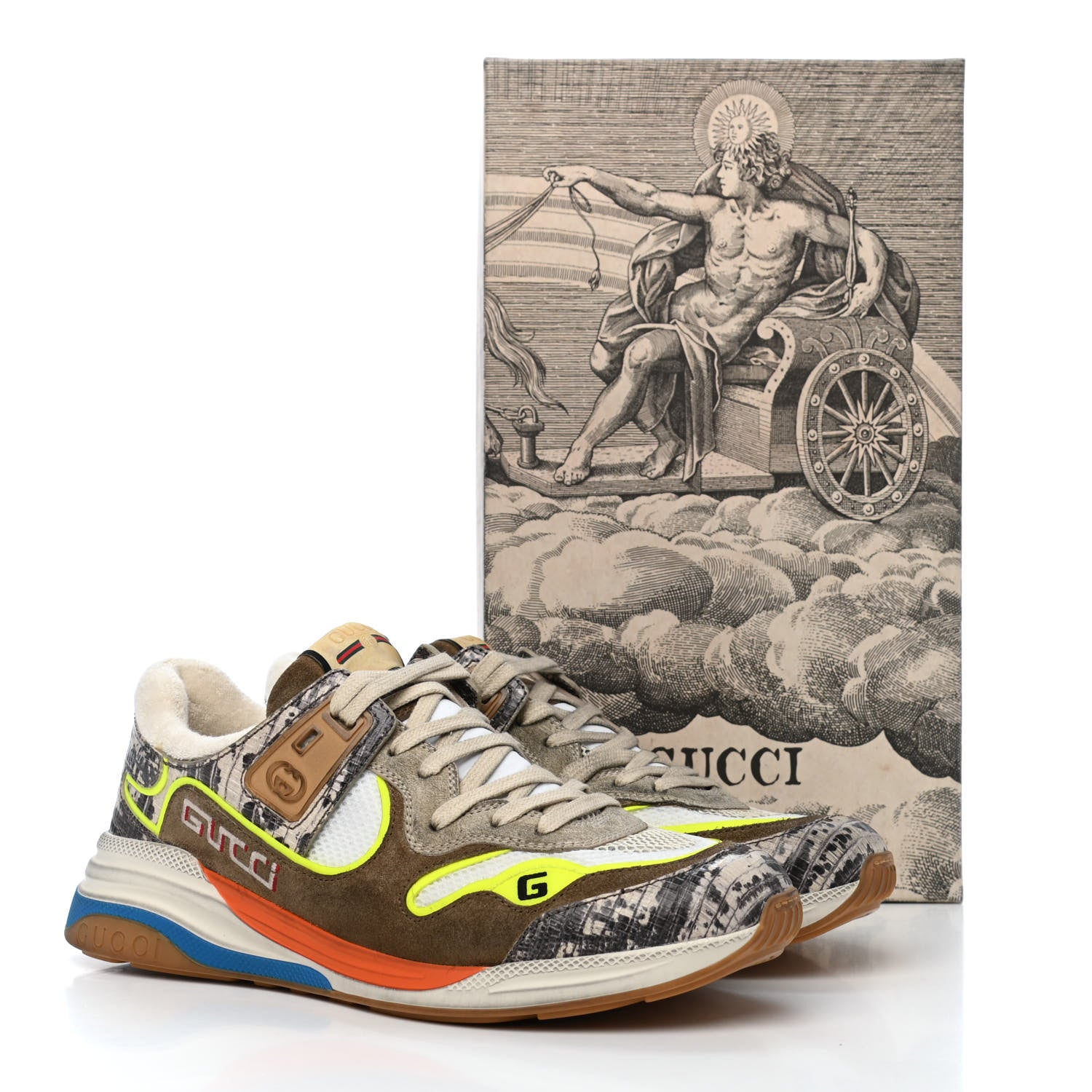 Gucci Suede Calfskin Tejus Printed Womens Ultrapace Sneakers 41 Natural Ardesia Neon Yellow 9 of 9
