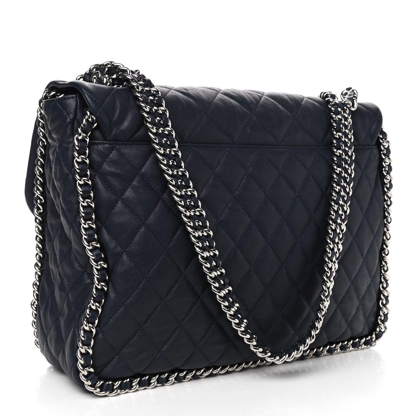 Washed Lambskin Quilted Chain Around Maxi Flap Dark Navy Blue