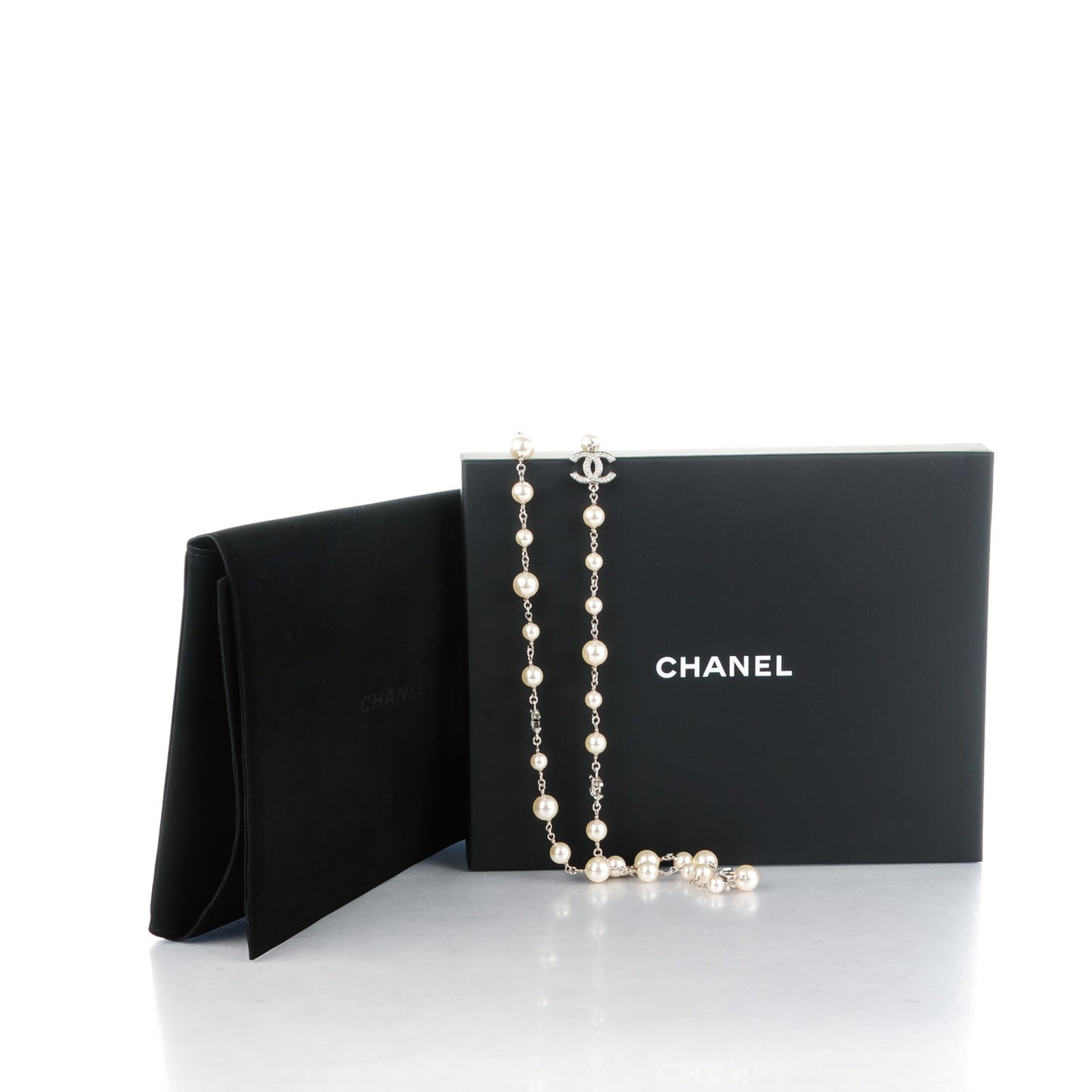 Crystal Pearl CC Long Necklace Silver
