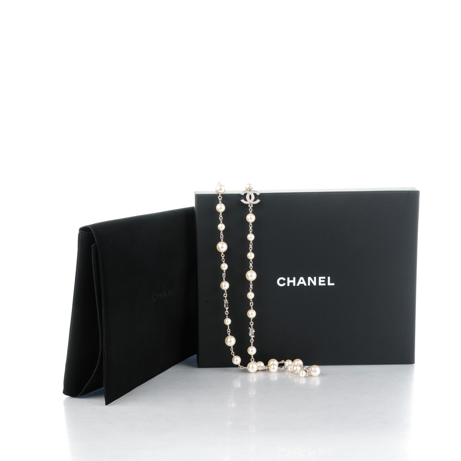 Chanel Crystal Pearl CC Long Necklace Silver 5 of 5